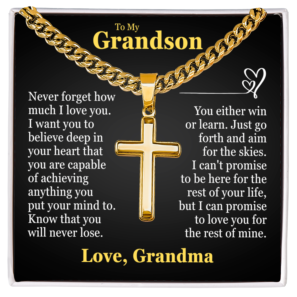 Cross Cuban Link Chain - To My Grandson "You Either Win or Learn"