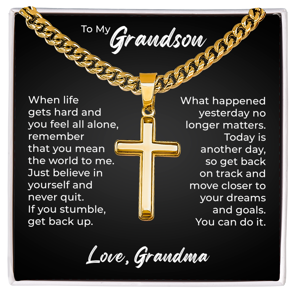 Cross Cuban Link Chain - To My Grandson "You Mean The World To Me"
