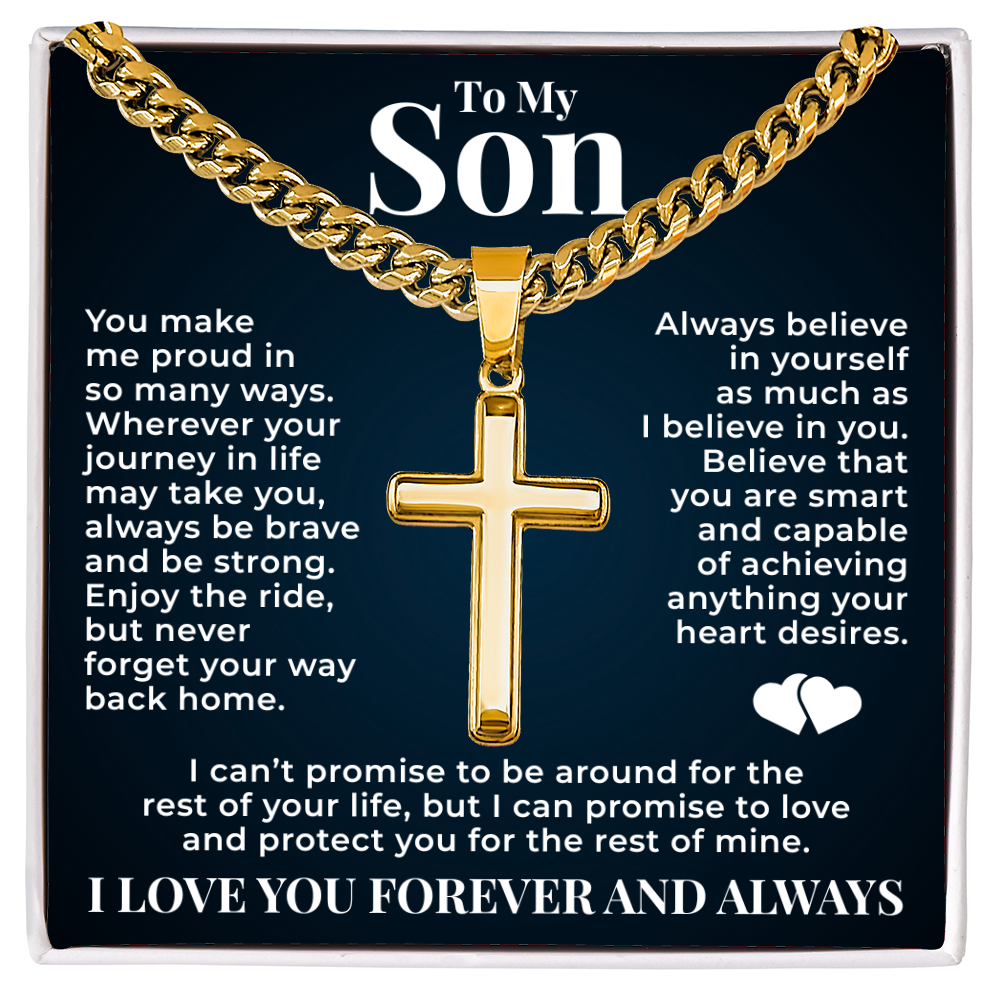 Cuban  Chain with Cross Necklace - To My Son "Always Be Brave"
