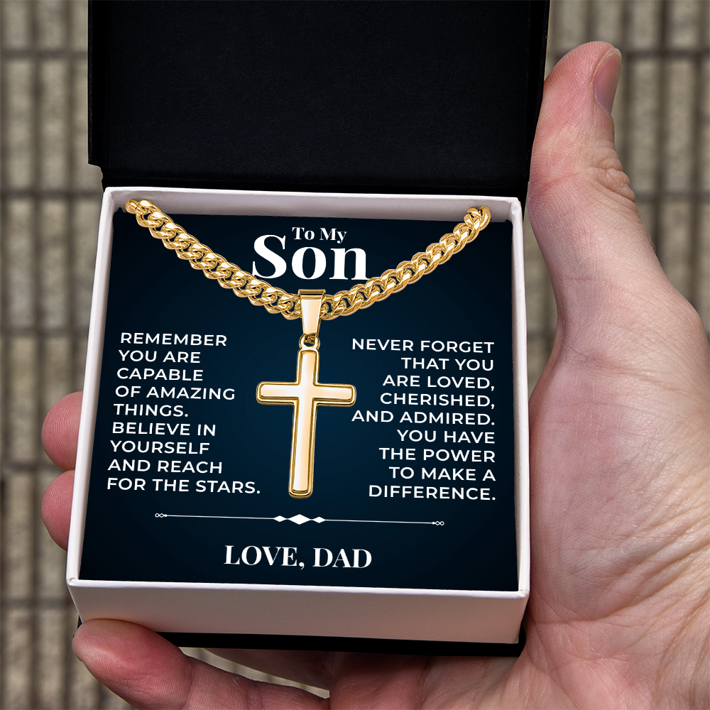 Cuban  Chain with Cross Necklace - To My Son "Reach For The Stars"