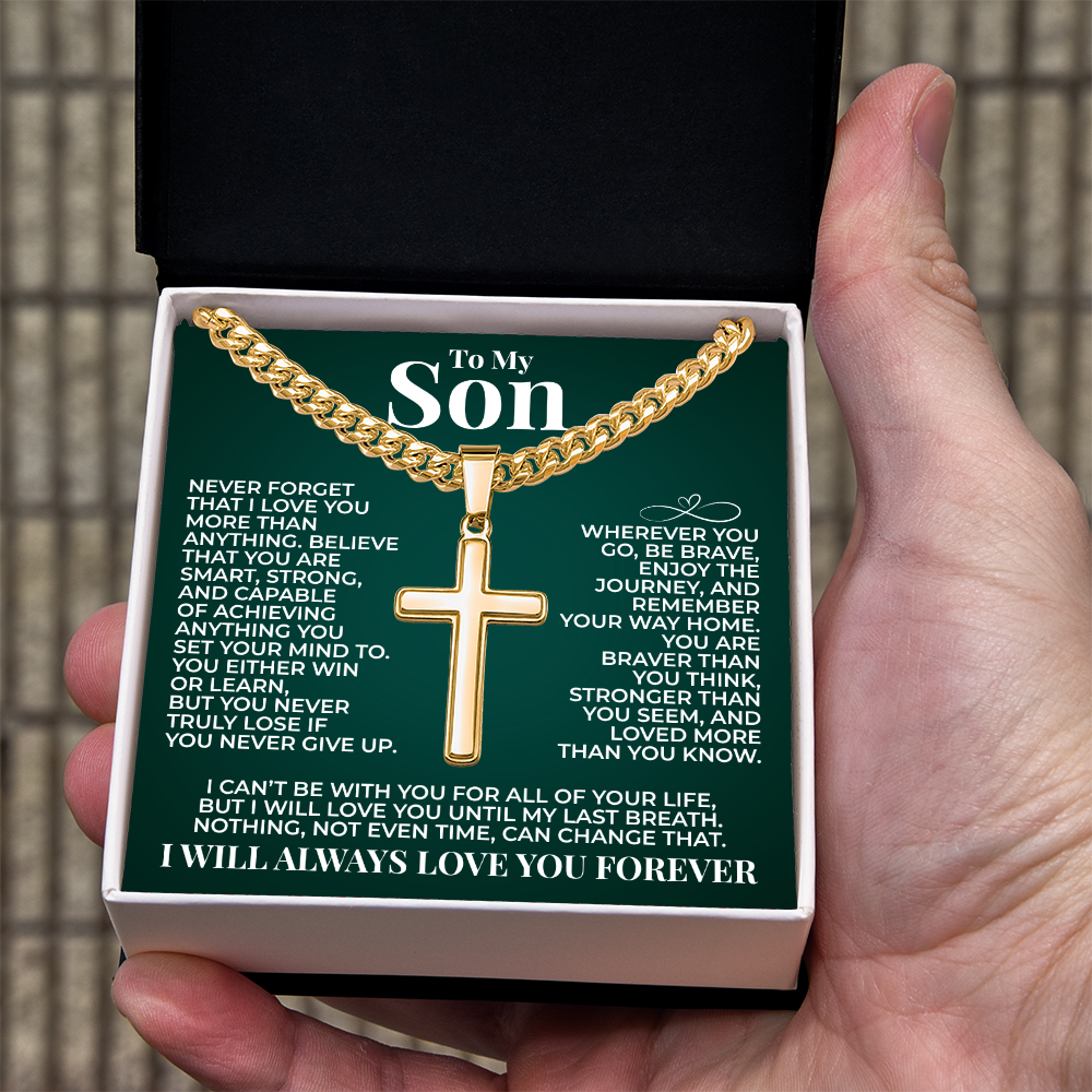 Cuban Chain with Cross Necklace - To My Son "You Are Braver Than You Think"