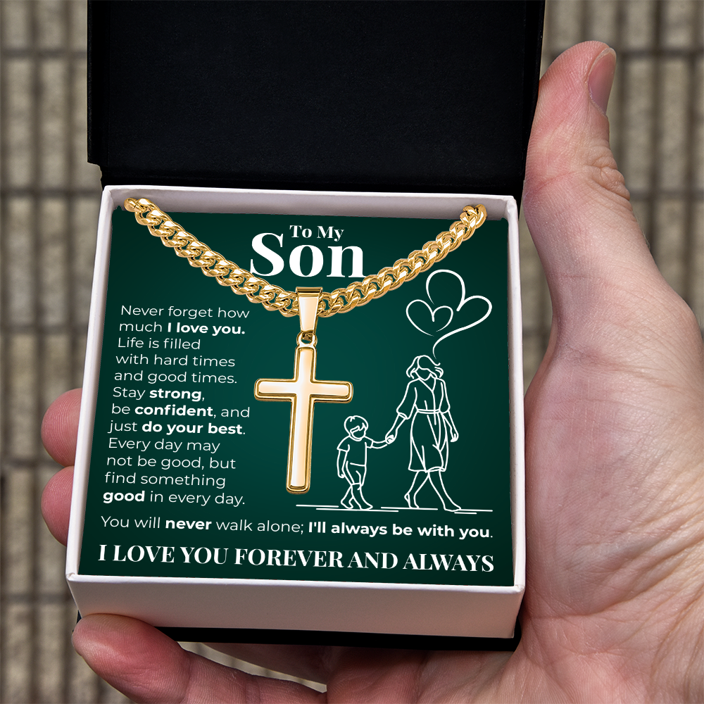 Cuban Chain with Cross Necklace -  To My Son "I Love You"