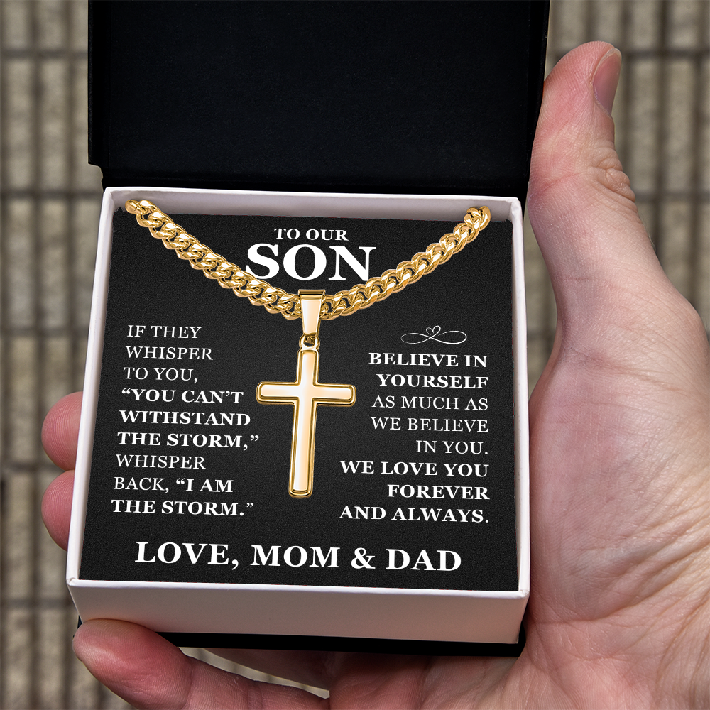 Artisan Cross with Cuban Link Chain - To Our Son "Believe In Yourself"
