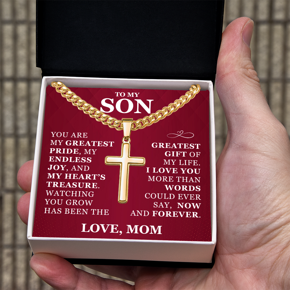 Artisan Cross with Cuban Link Chain - To My Son "I Love You"