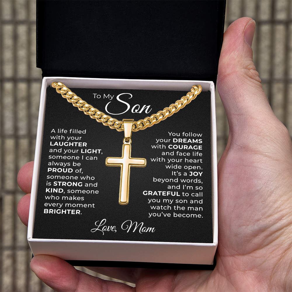 Cuban Chain with Cross Necklace -  To My Son "Follow You Dreams with Courage"