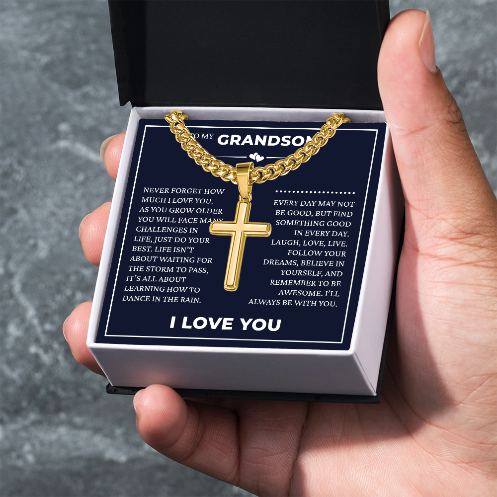 Cuban Chain with Cross Necklace - To My Grandson "I'll Always Be with You"