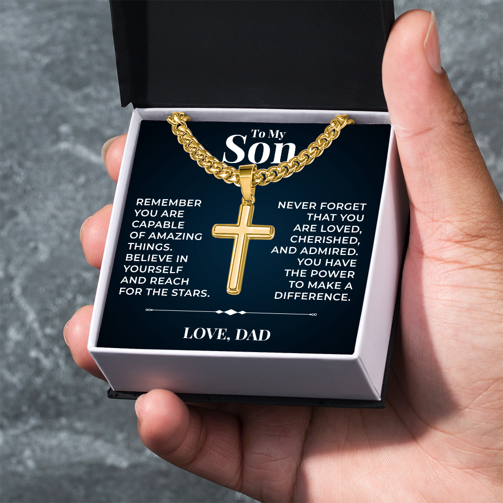 Cuban  Chain with Cross Necklace - To My Son "Reach For The Stars"