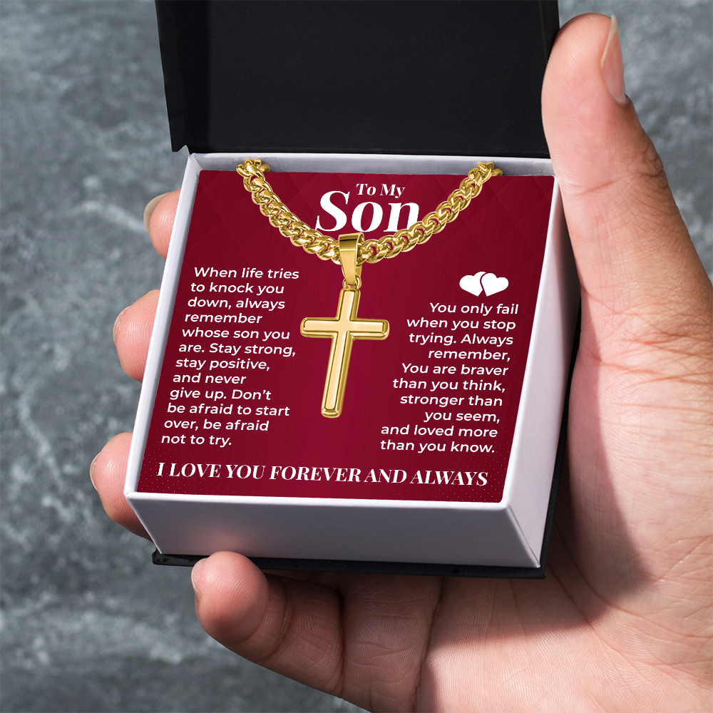 Cuban Chain with Cross Necklace - To My Son "Stay Strong"