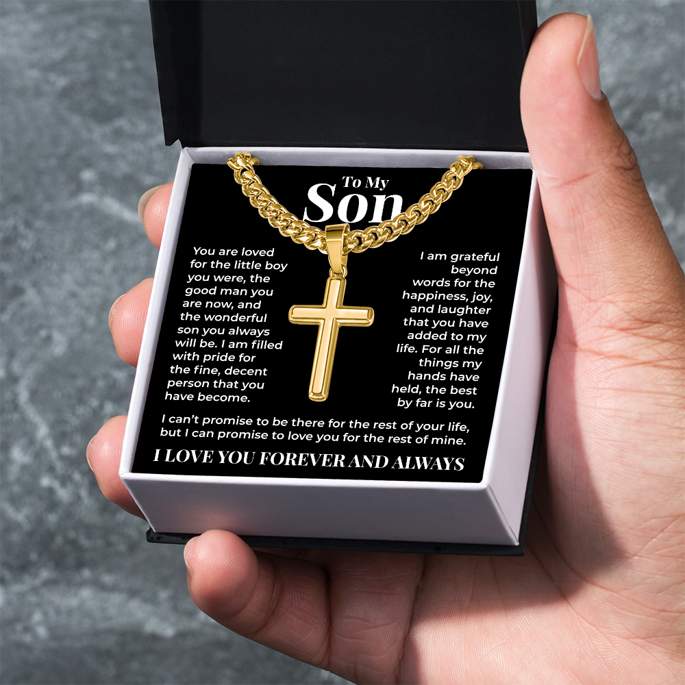 Cuban Chain with Cross Necklace - To My Son "I Am Grateful Beyond Words"