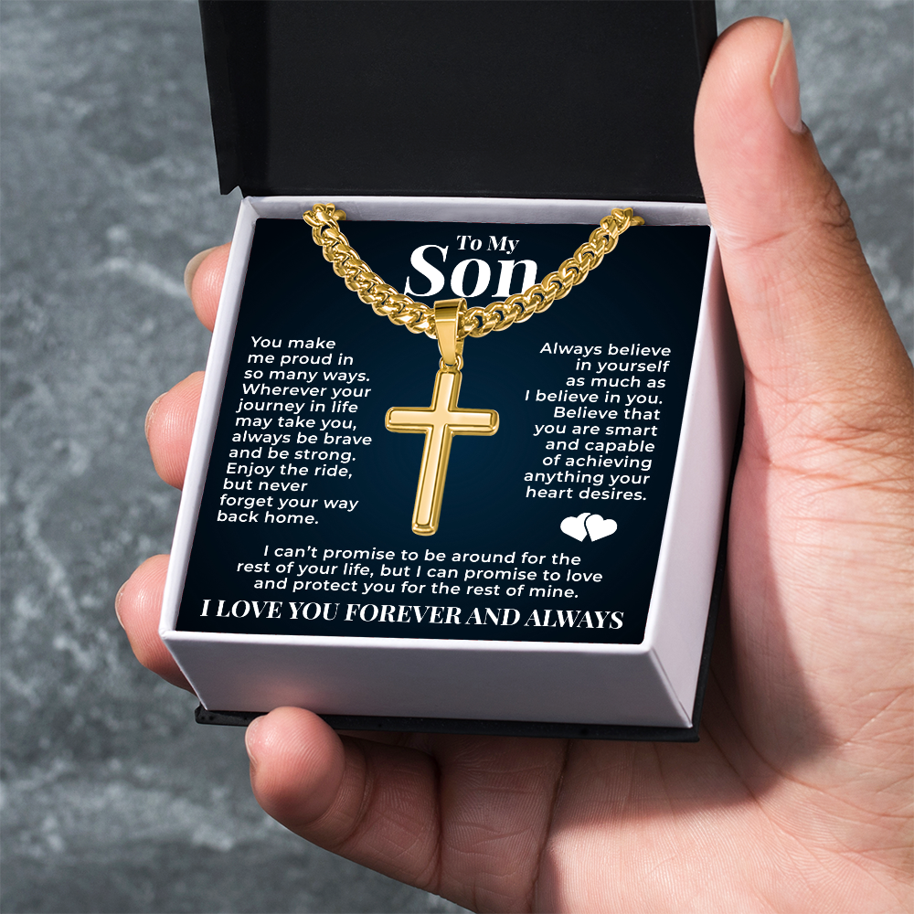 Cuban  Chain with Cross Necklace - To My Son "Always Be Brave"