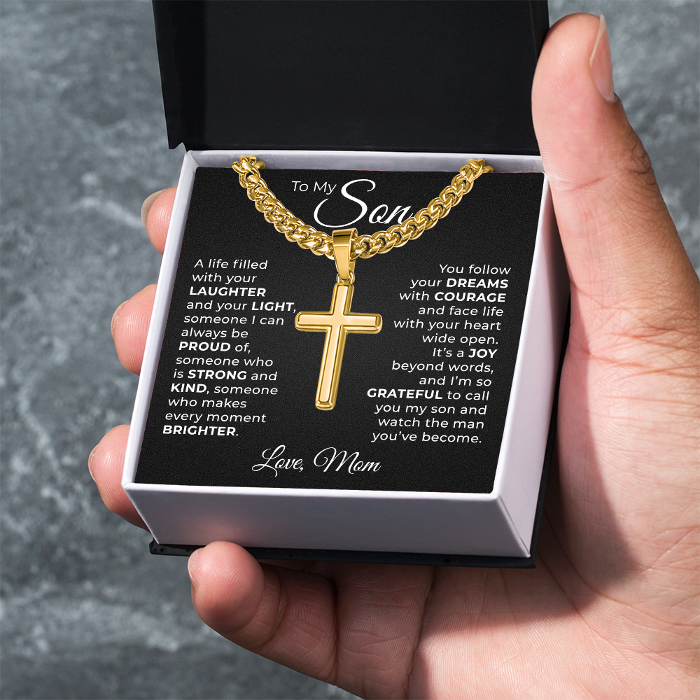 Cuban Chain with Cross Necklace -  To My Son "Follow You Dreams with Courage"