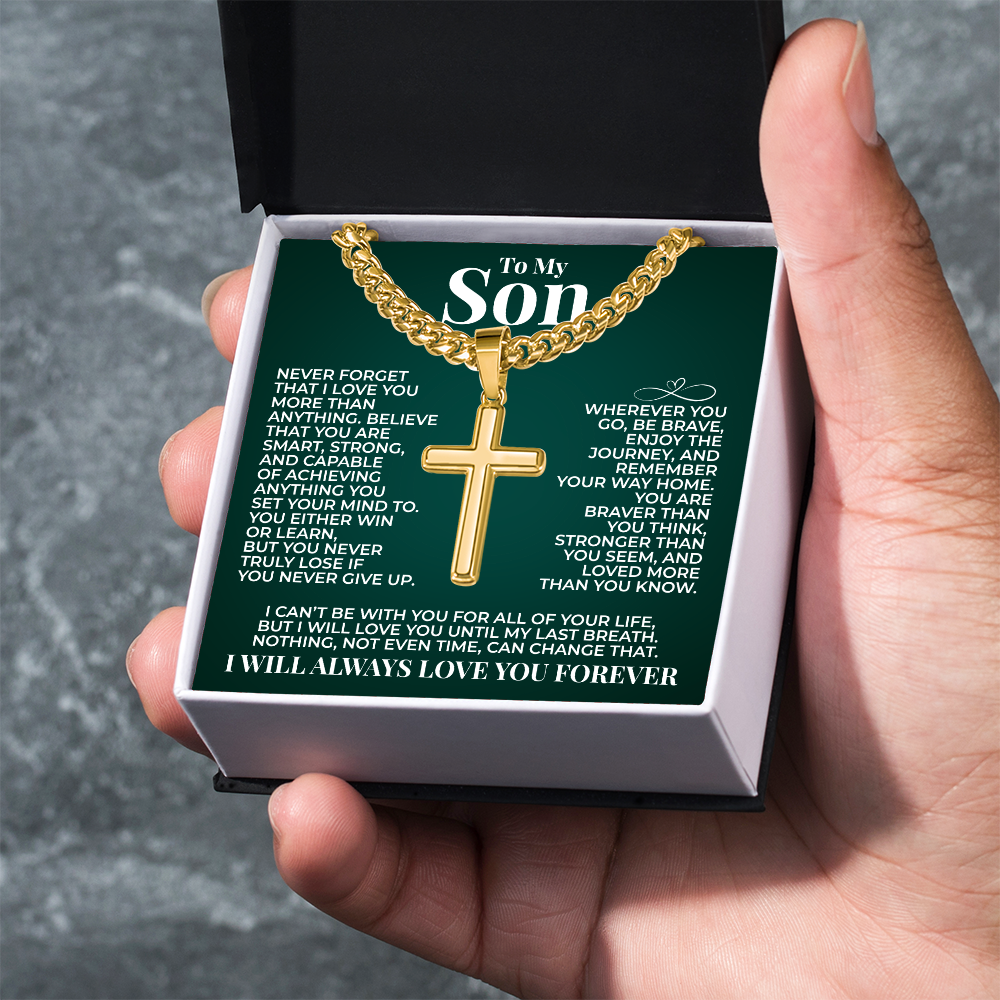 Cuban Chain with Cross Necklace - To My Son "You Are Braver Than You Think"