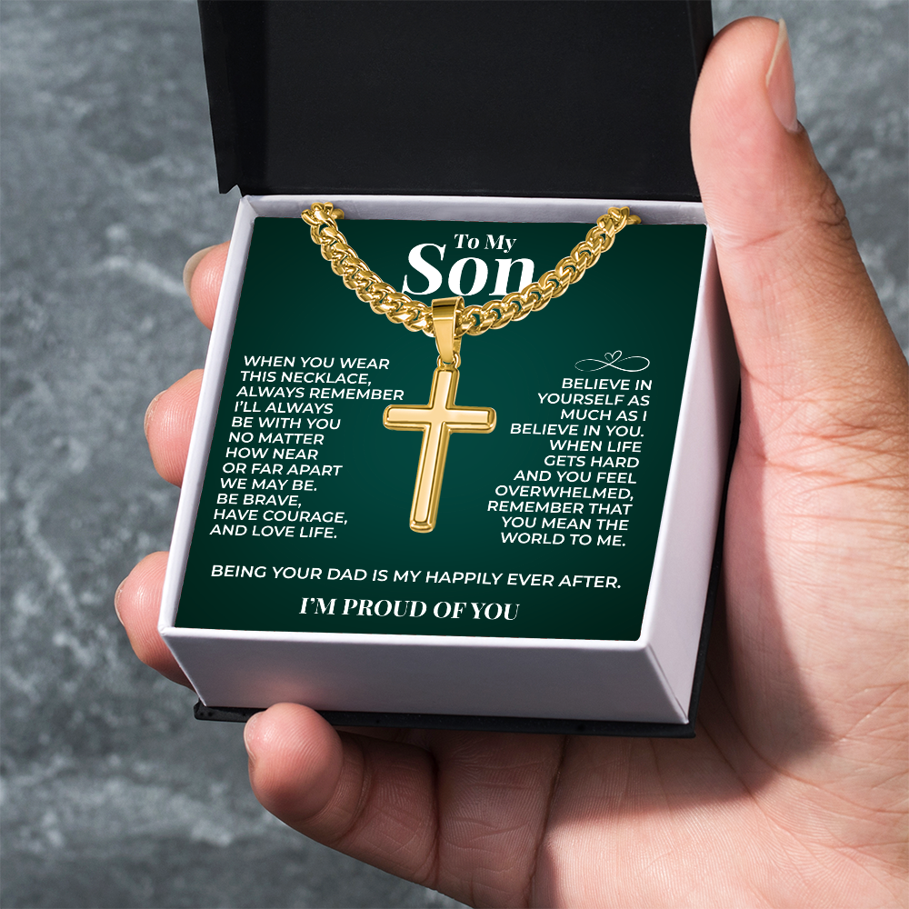 Cuban  Chain with Cross Necklace - To My Son "Believe In Yourself"