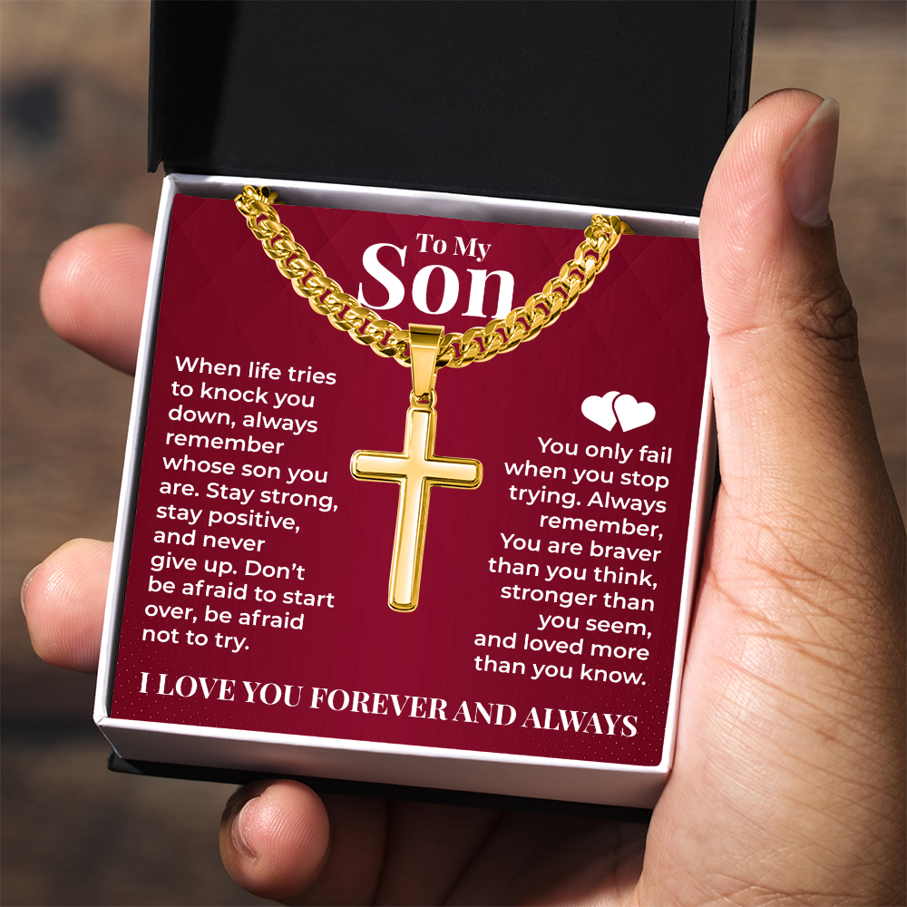 Cuban Chain with Cross Necklace - To My Son "Stay Strong"