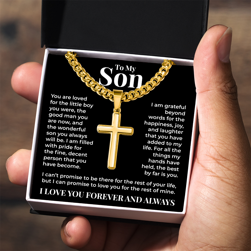 Cuban Chain with Cross Necklace - To My Son "I Am Grateful Beyond Words"