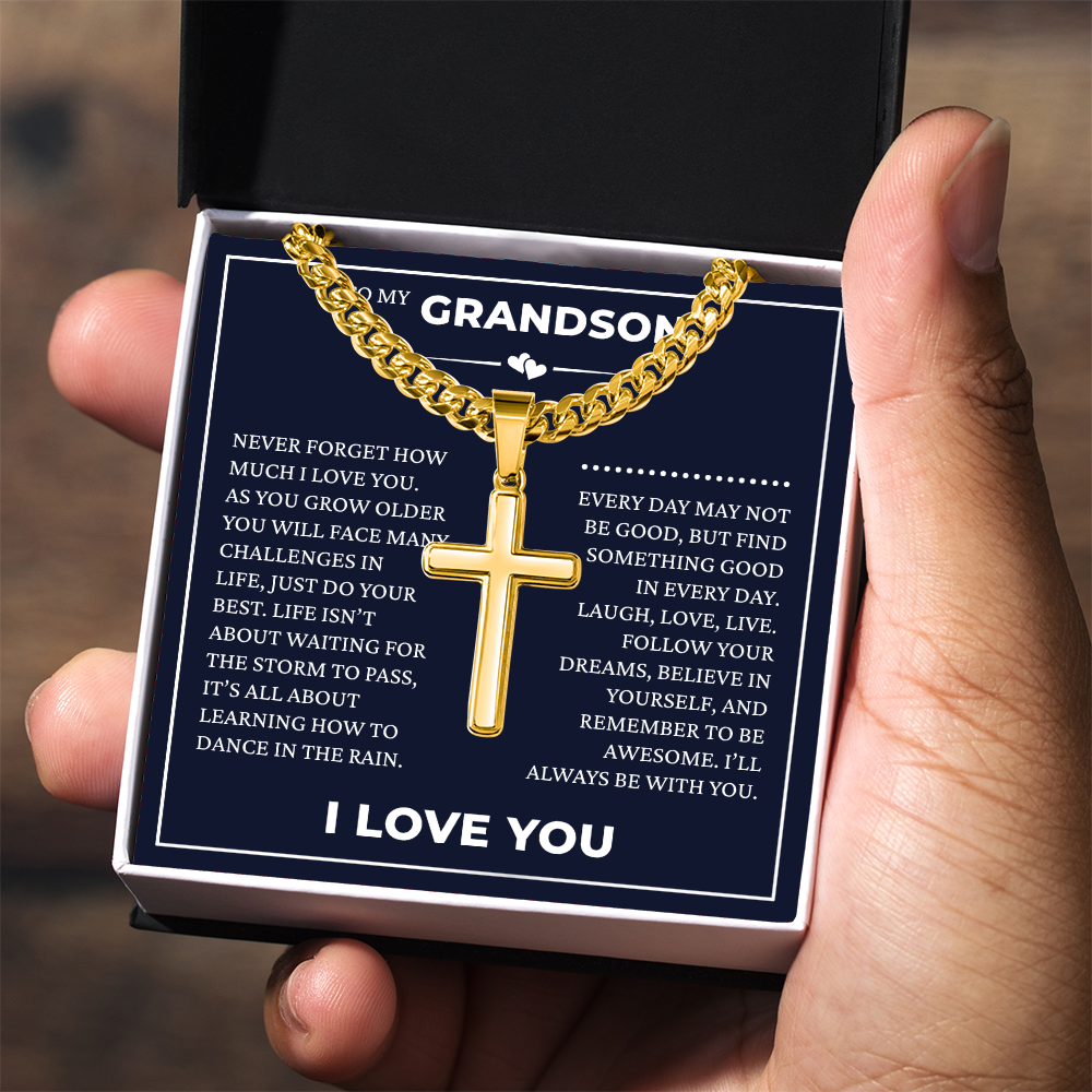 Cuban Chain with Cross Necklace - To My Grandson "I'll Always Be with You"