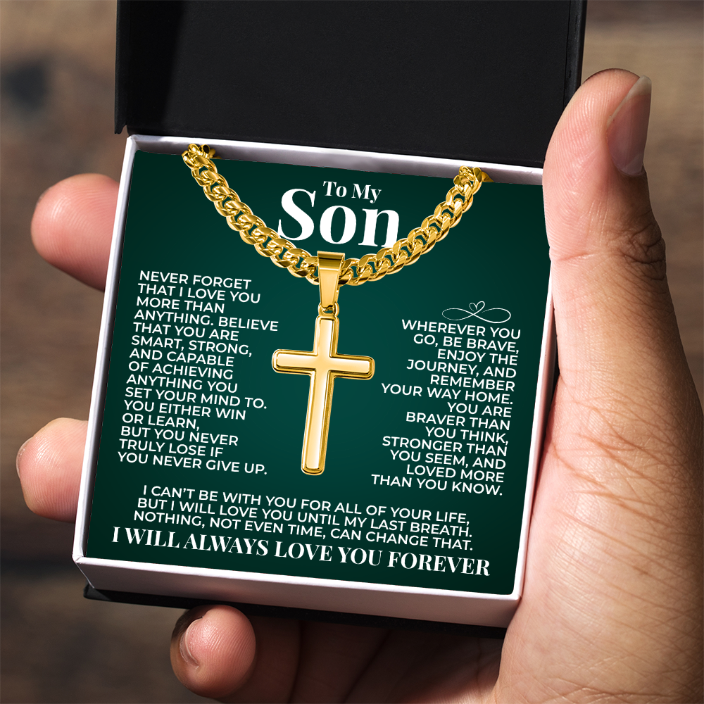 Cuban Chain with Cross Necklace - To My Son "You Are Braver Than You Think"