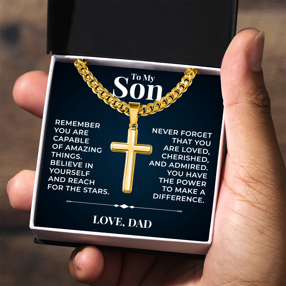 Cuban  Chain with Cross Necklace - To My Son "Reach For The Stars"