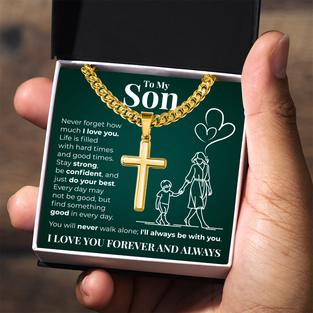 Cuban Chain with Cross Necklace -  To My Son "I Love You"