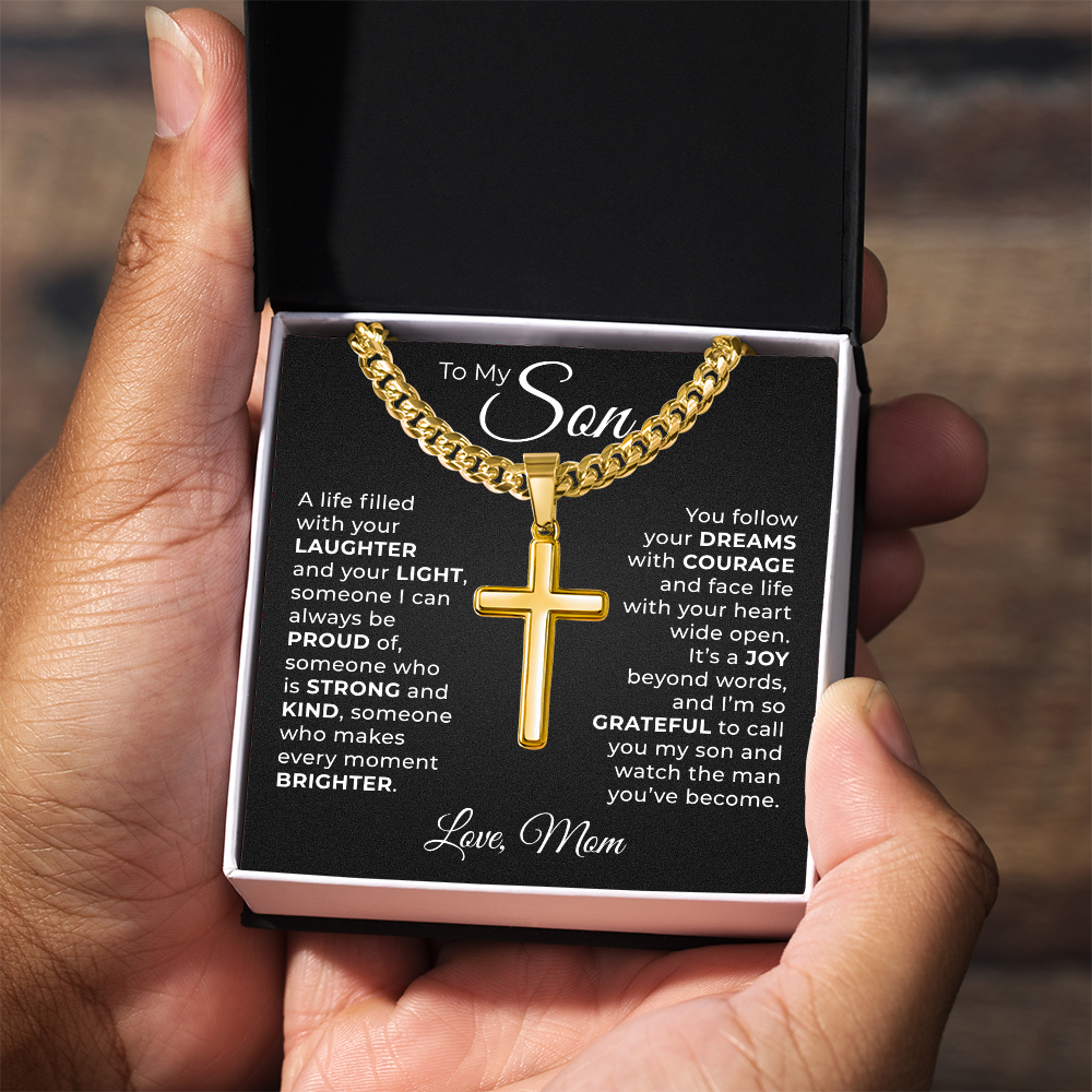 Cuban Chain with Cross Necklace -  To My Son "Follow You Dreams with Courage"