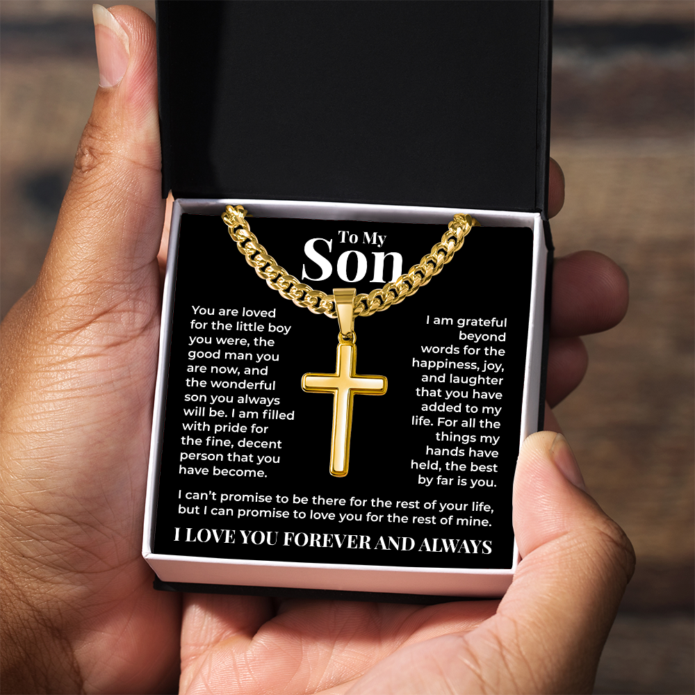 Cuban Chain with Cross Necklace - To My Son "I Am Grateful Beyond Words"