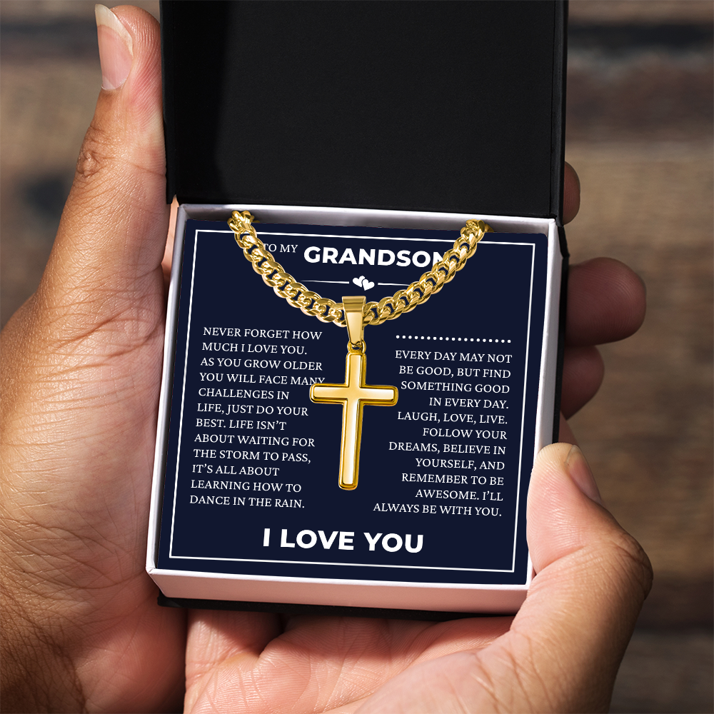 Cuban Chain with Cross Necklace - To My Grandson "I'll Always Be with You"