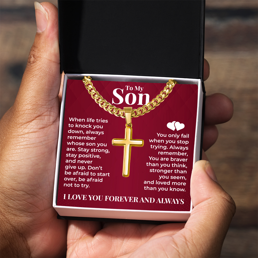Cuban Chain with Cross Necklace - To My Son "Stay Strong"