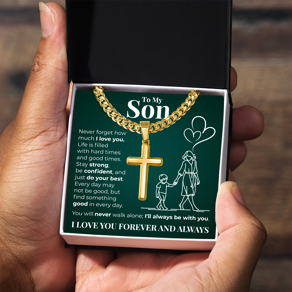 Cuban Chain with Cross Necklace -  To My Son "I Love You"