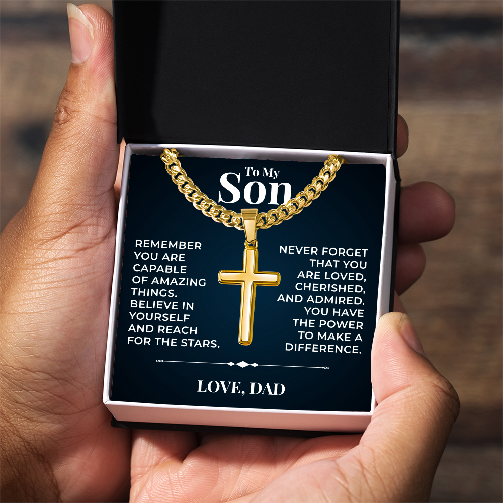 Cuban  Chain with Cross Necklace - To My Son "Reach For The Stars"
