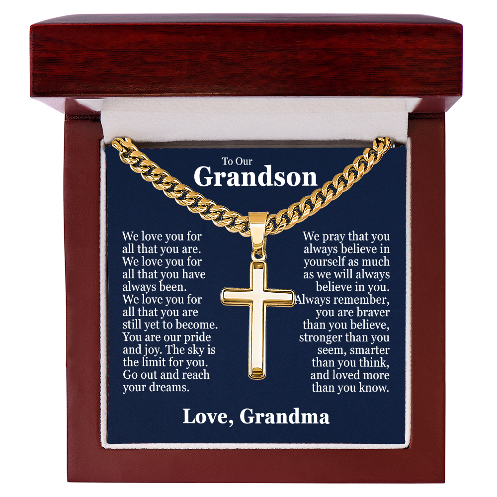 Cross Cuban Link Chain - To Our Grandson "We Love You"
