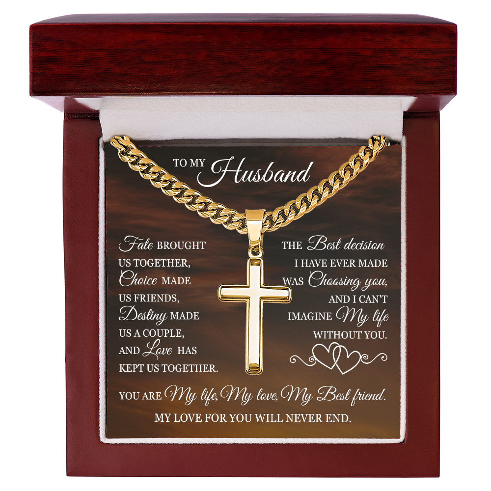 Cross Cuban Link Chain - To My Husband "Fate Brought Us Together"