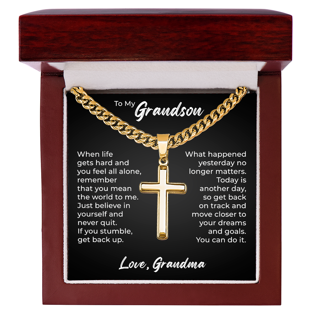 Cross Cuban Link Chain - To My Grandson "You Mean The World To Me"