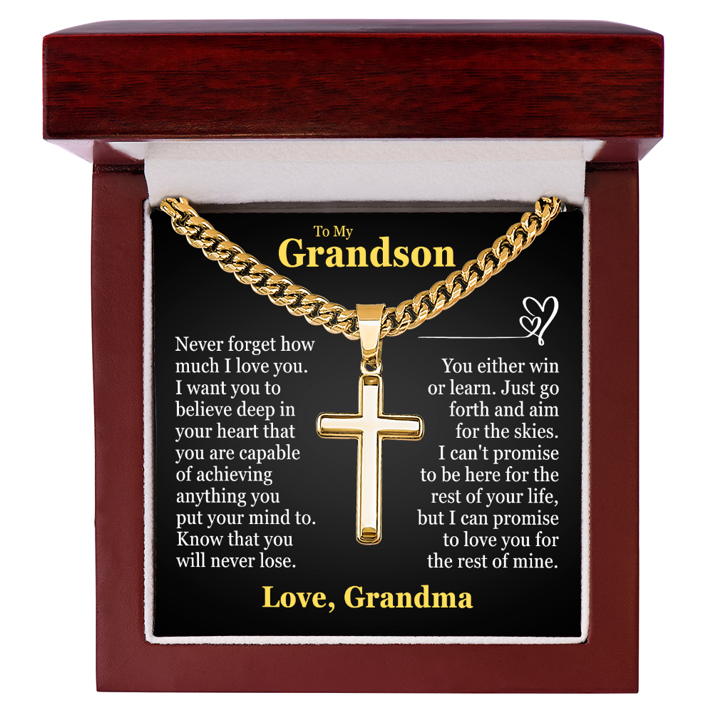 Cross Cuban Link Chain - To My Grandson "You Either Win or Learn"
