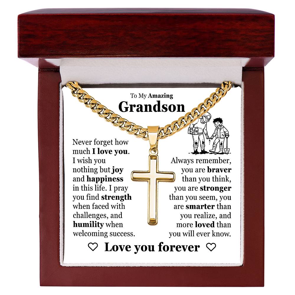 Cross Cuban Link Chain - To My Grandson "Never Forget How Much I Love You"