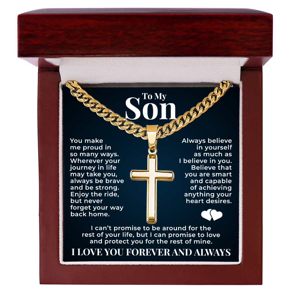 Cuban  Chain with Cross Necklace - To My Son "Always Be Brave"