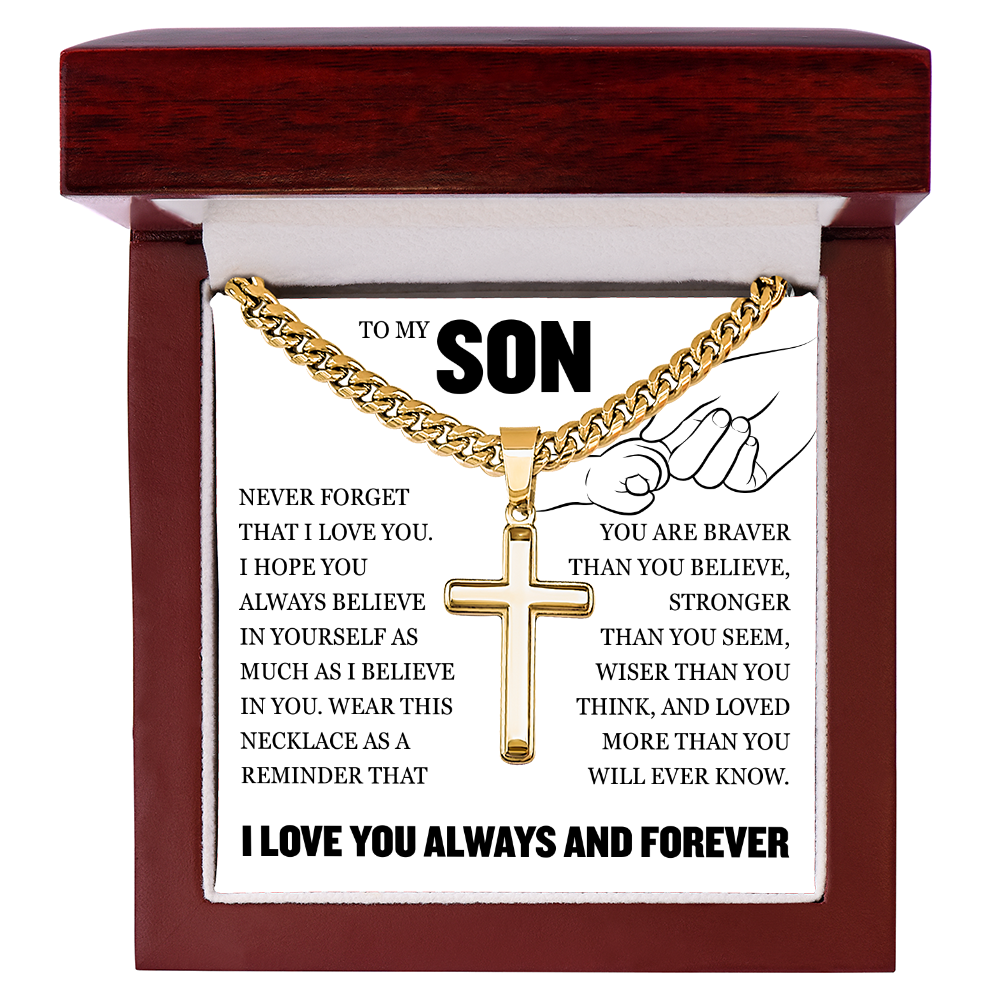 Cross Cuban Link Chain - To My Son "Never Forget That I Love You"