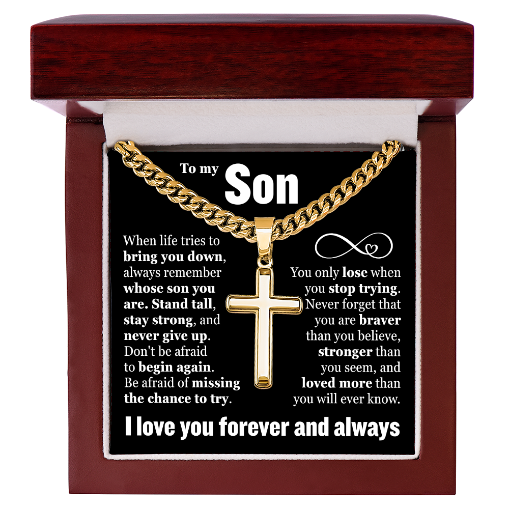 Cross Cuban Link Chain - To My Son "Never Give Up"
