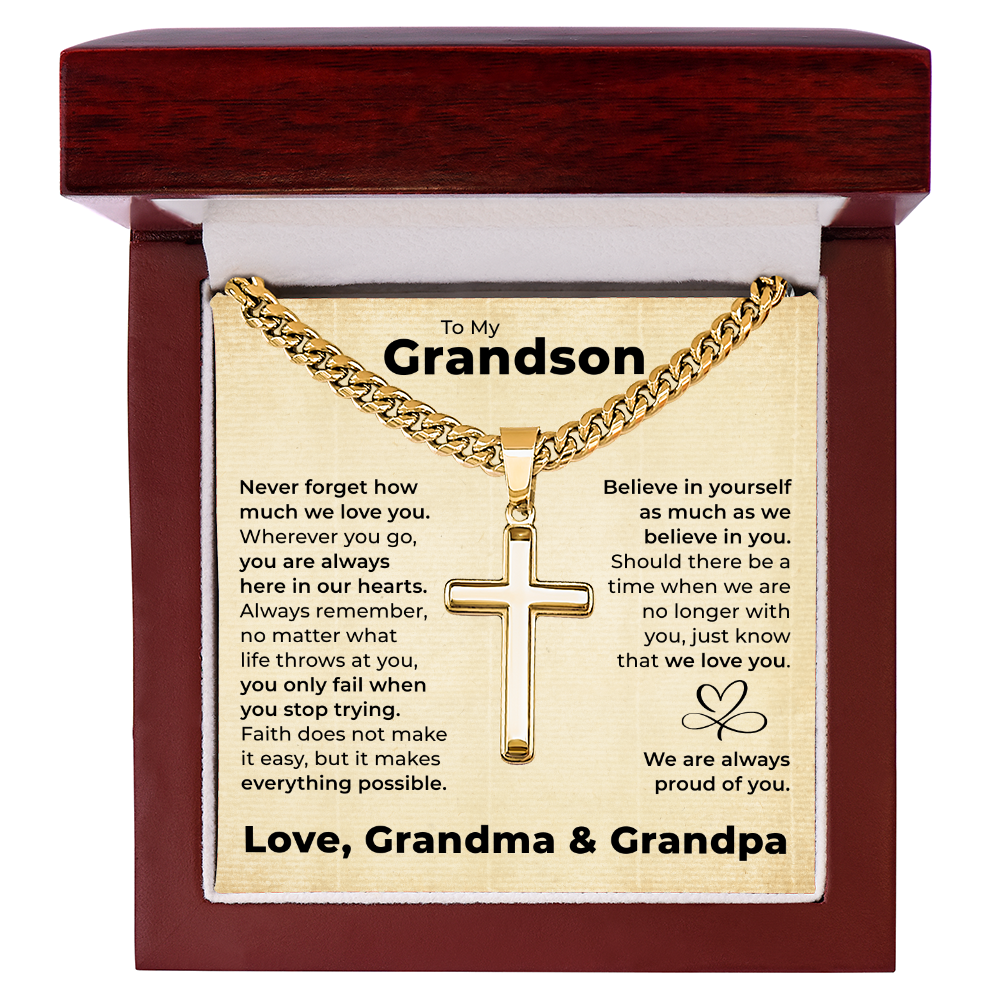 Cross Cuban Link Chain - To My Grandson "You Are Always in Our Hearts"