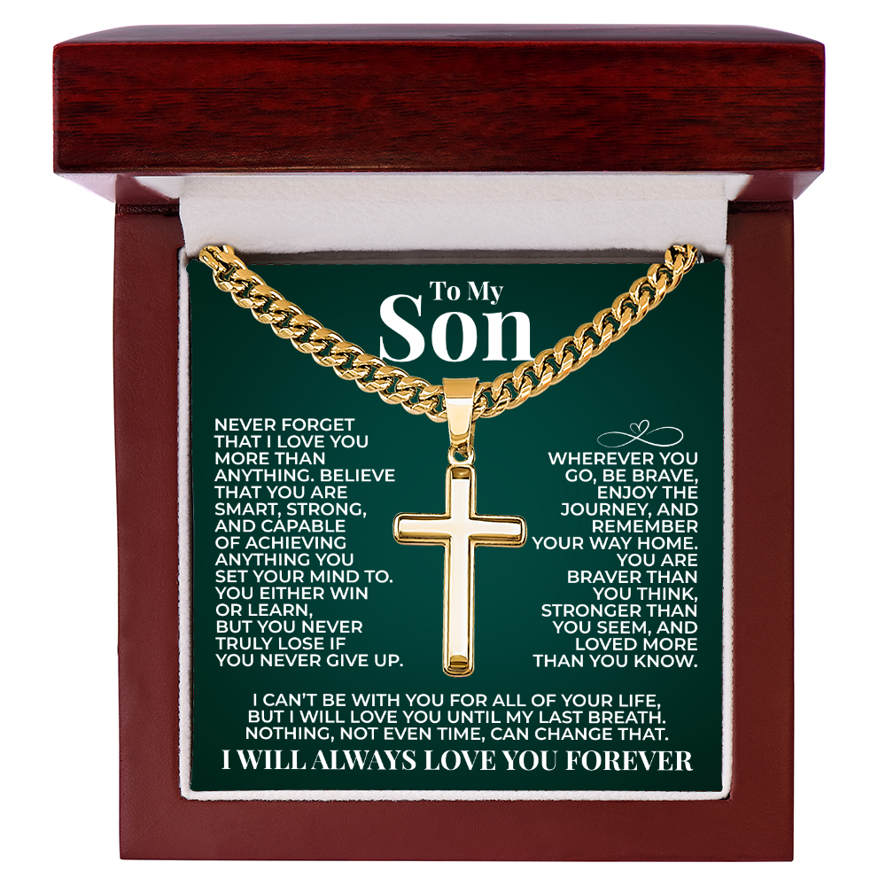 Cuban Chain with Cross Necklace - To My Son "You Are Braver Than You Think"
