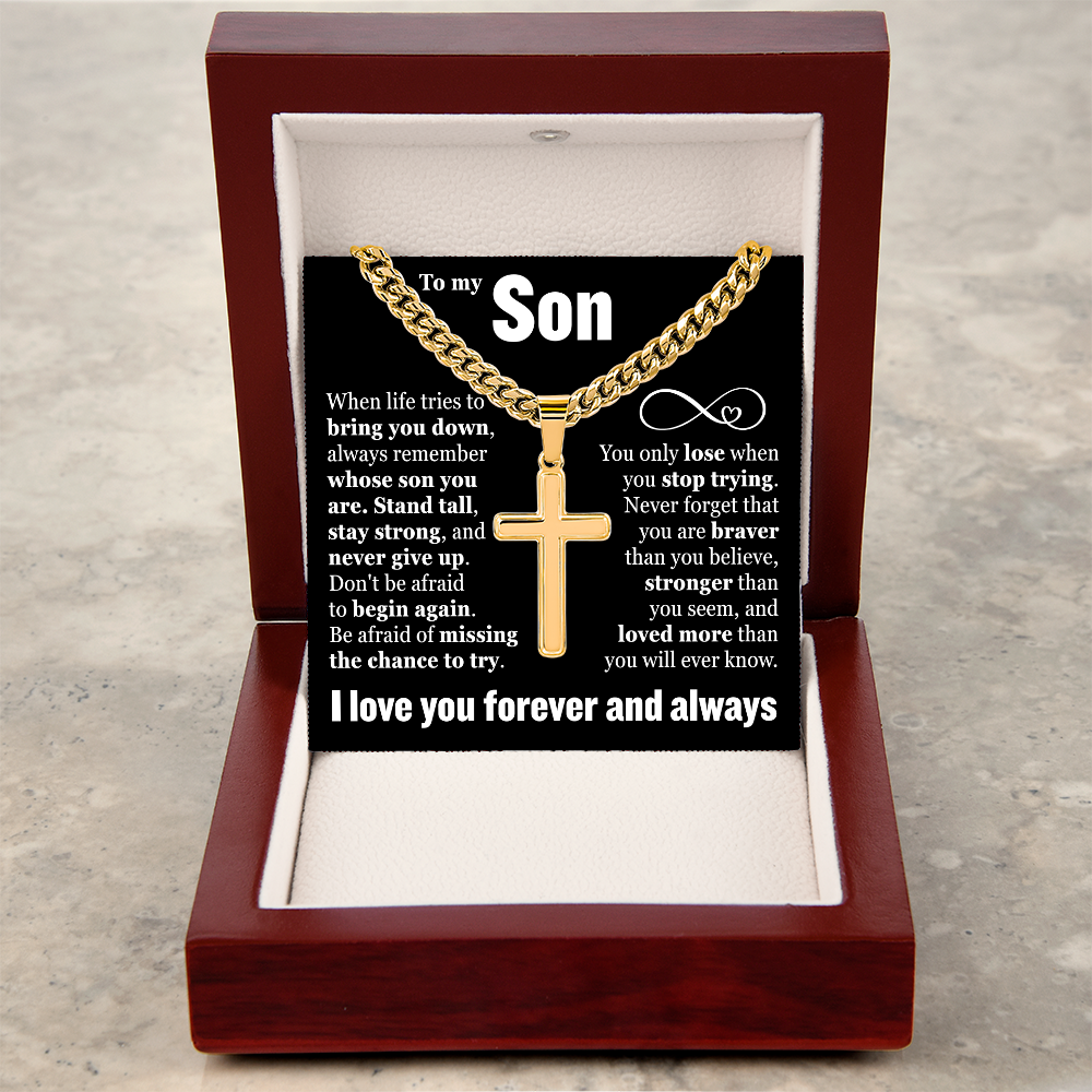 Cross Cuban Link Chain - To My Son "Never Give Up"