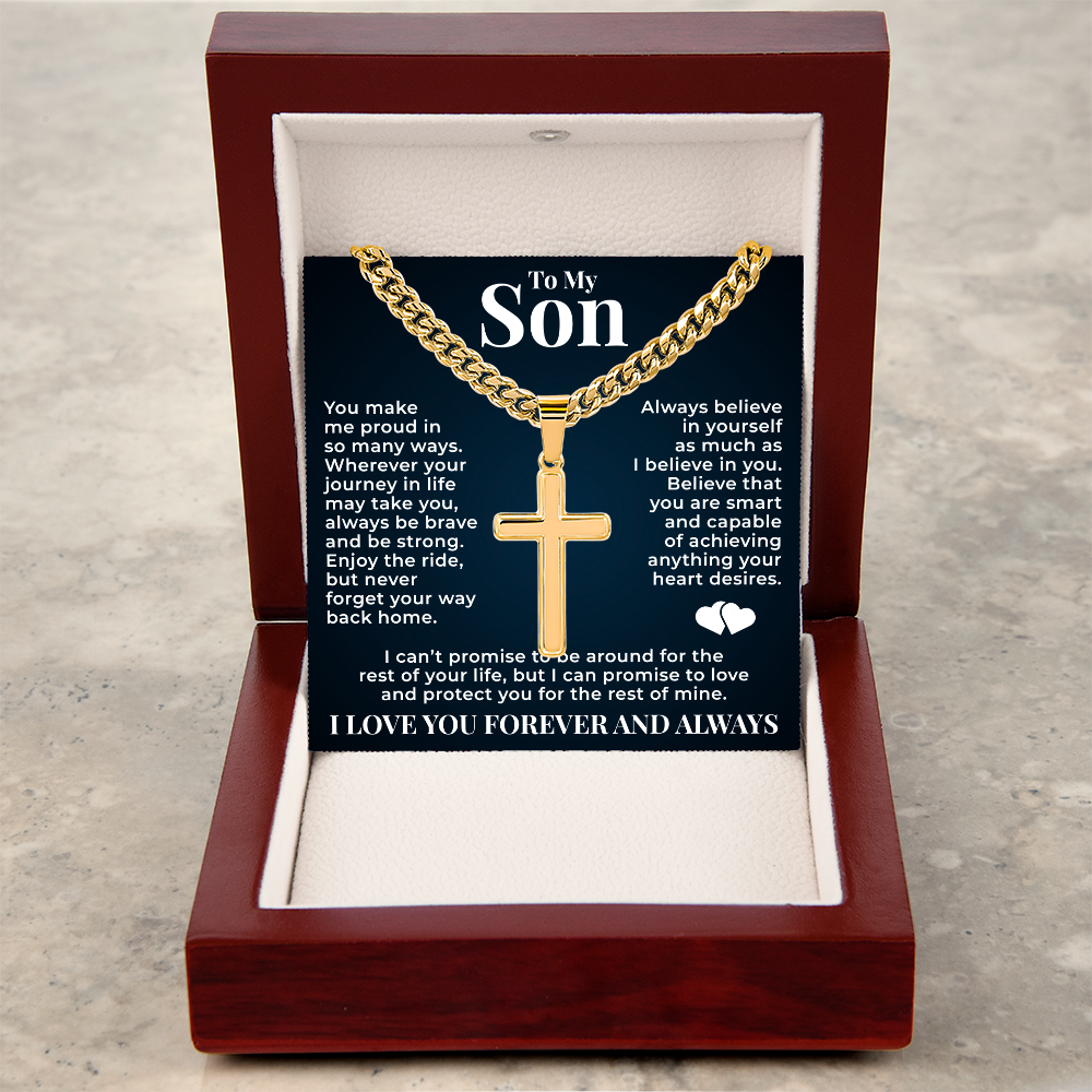 Cuban  Chain with Cross Necklace - To My Son "Always Be Brave"