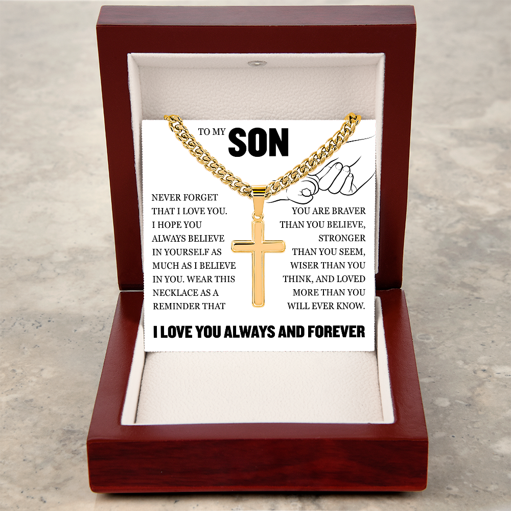 Cross Cuban Link Chain - To My Son "Never Forget That I Love You"