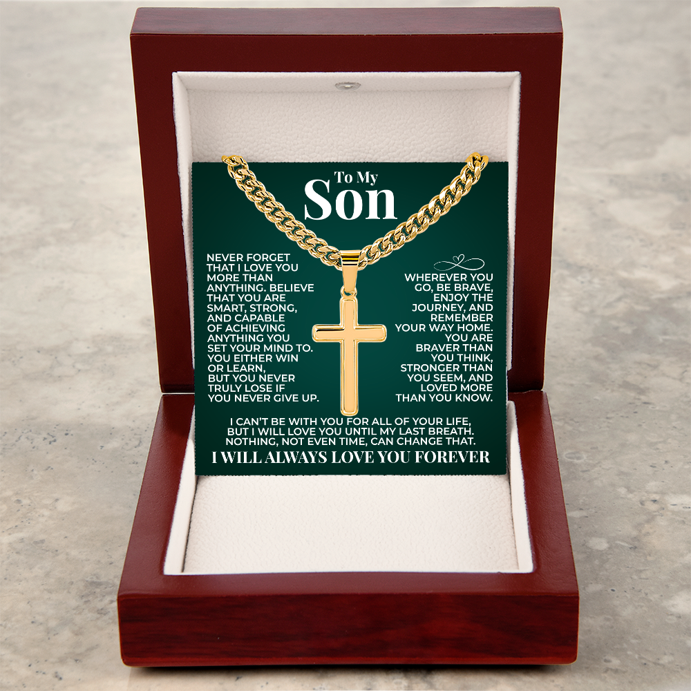 Cuban Chain with Cross Necklace - To My Son "You Are Braver Than You Think"