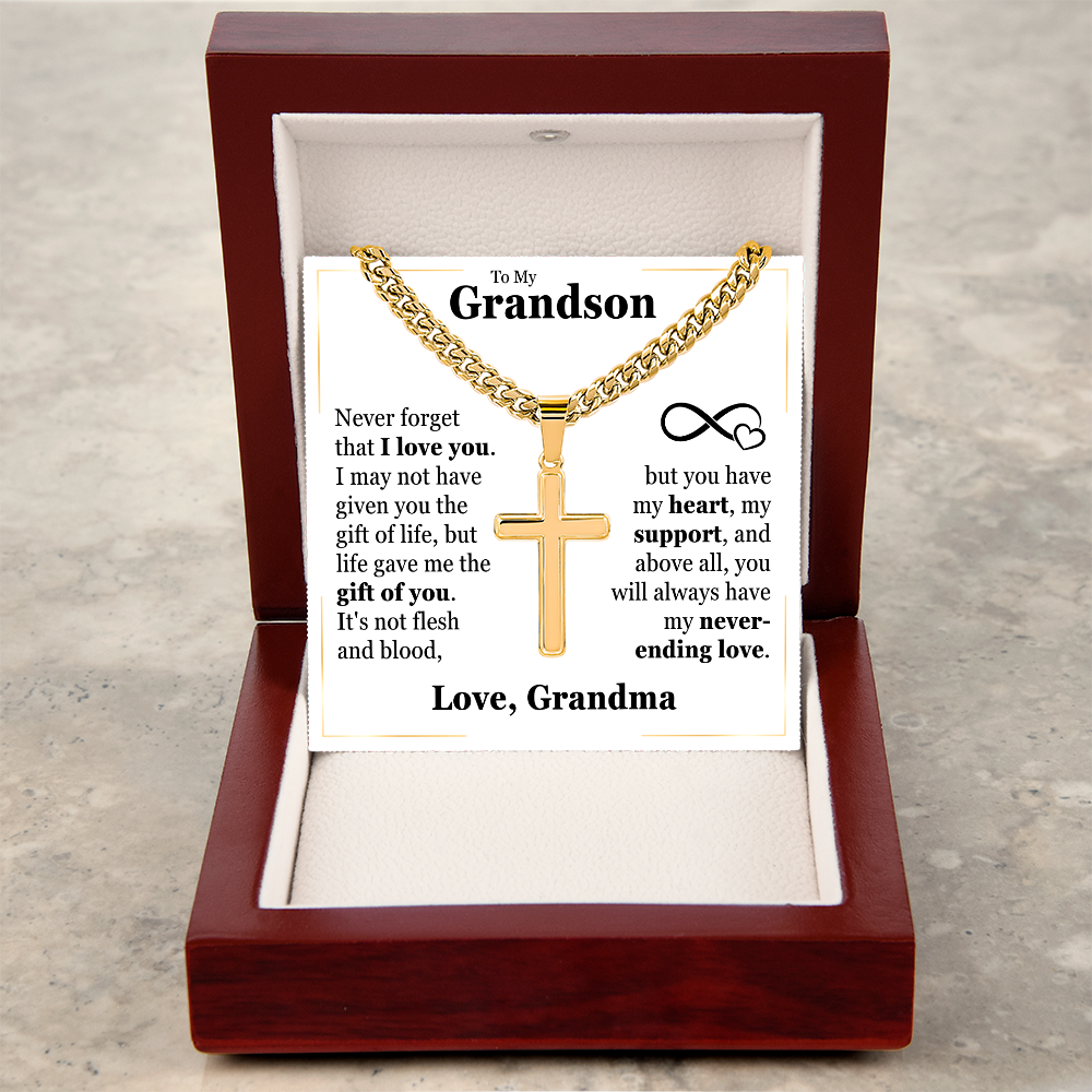 Cross Cuban Link Chain - To My Grandson "Never Forget That I Love You"