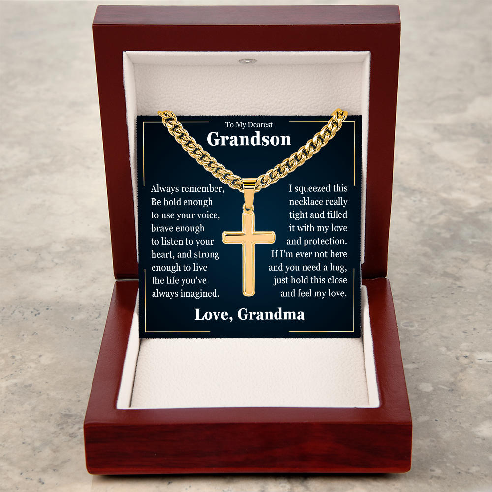 Cross Cuban Link Chain - To My Grandson "Just Hold This Close and Feel My Love"