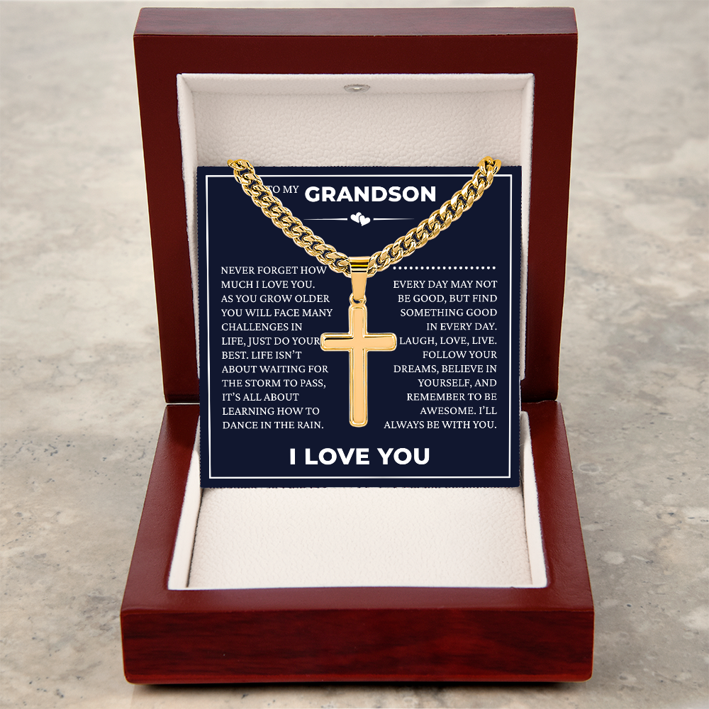 Cuban Chain with Cross Necklace - To My Grandson "I'll Always Be with You"