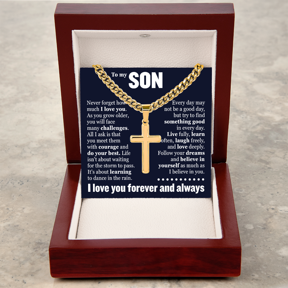 Cross Cuban Link Chain - To My Son "Never Forget How Much I Love You"