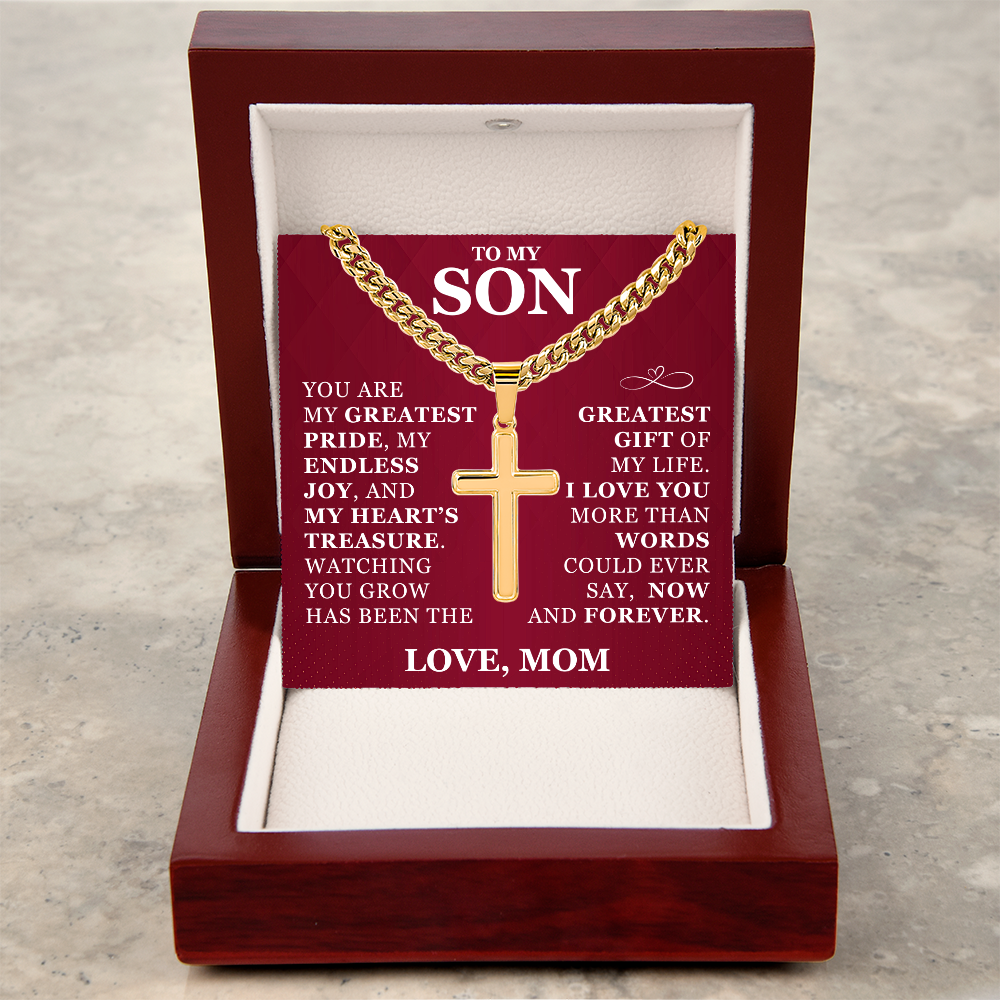 Artisan Cross with Cuban Link Chain - To My Son "I Love You"