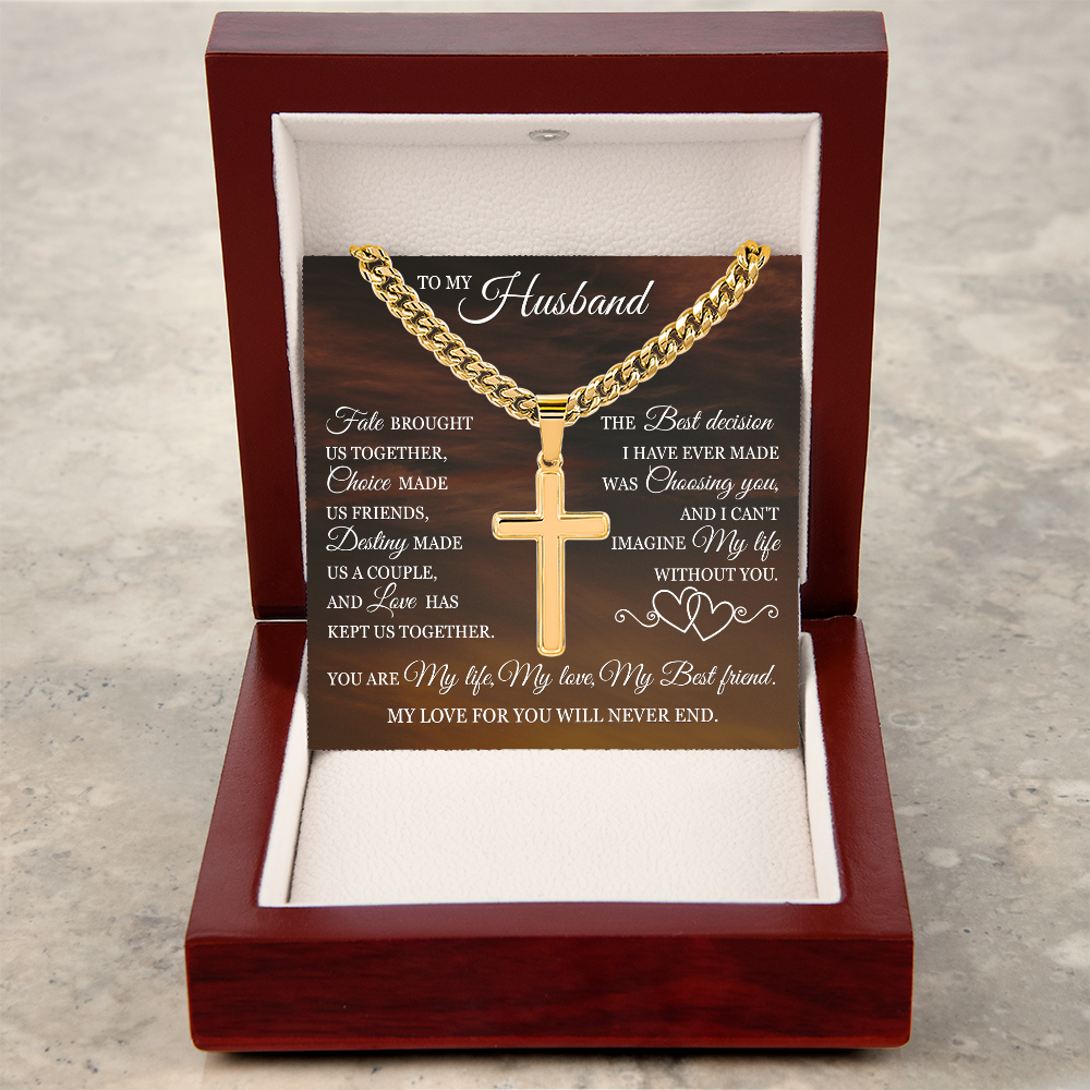 Cross Cuban Link Chain - To My Husband "Fate Brought Us Together"