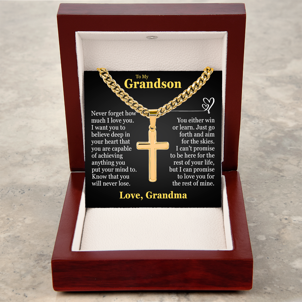 Cross Cuban Link Chain - To My Grandson "You Either Win or Learn"